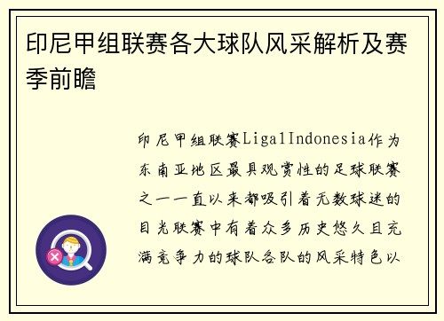 印尼甲组联赛各大球队风采解析及赛季前瞻