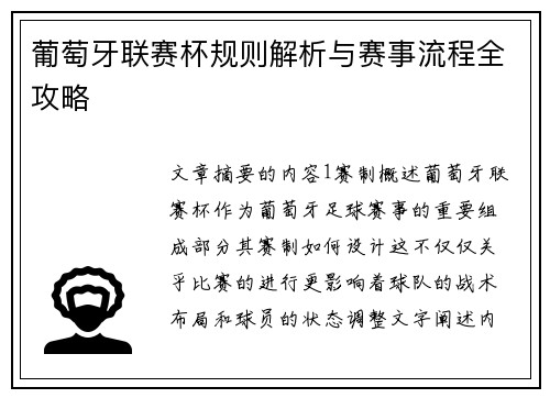 葡萄牙联赛杯规则解析与赛事流程全攻略