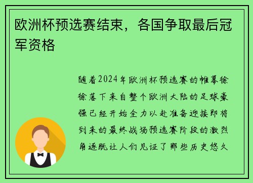 欧洲杯预选赛结束，各国争取最后冠军资格